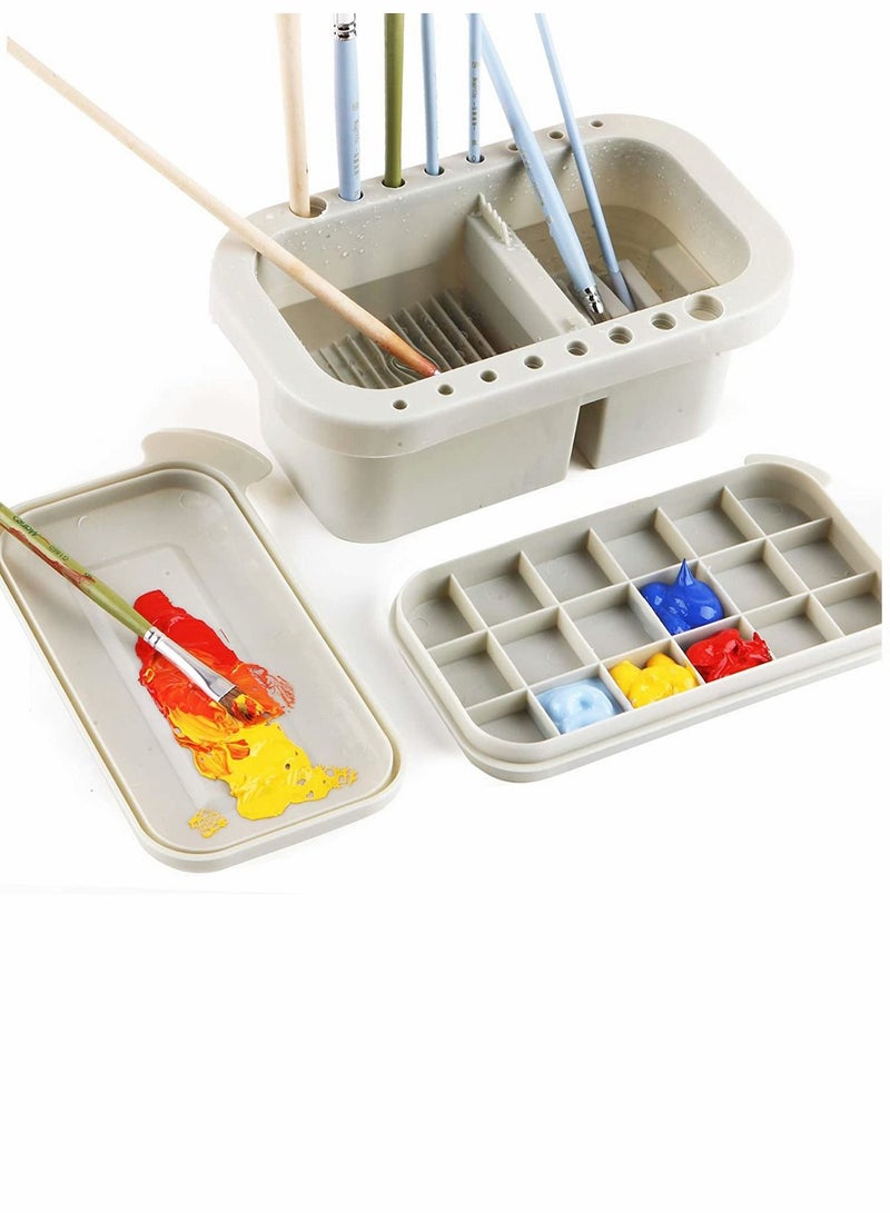Excefore Multi-Use 3 in 1 Paint Brush Basin with Brushes Holder Washer Trays, Palette Box for Gouache Watercolor Acrylic Oil Painting Pen Washing - Image 1