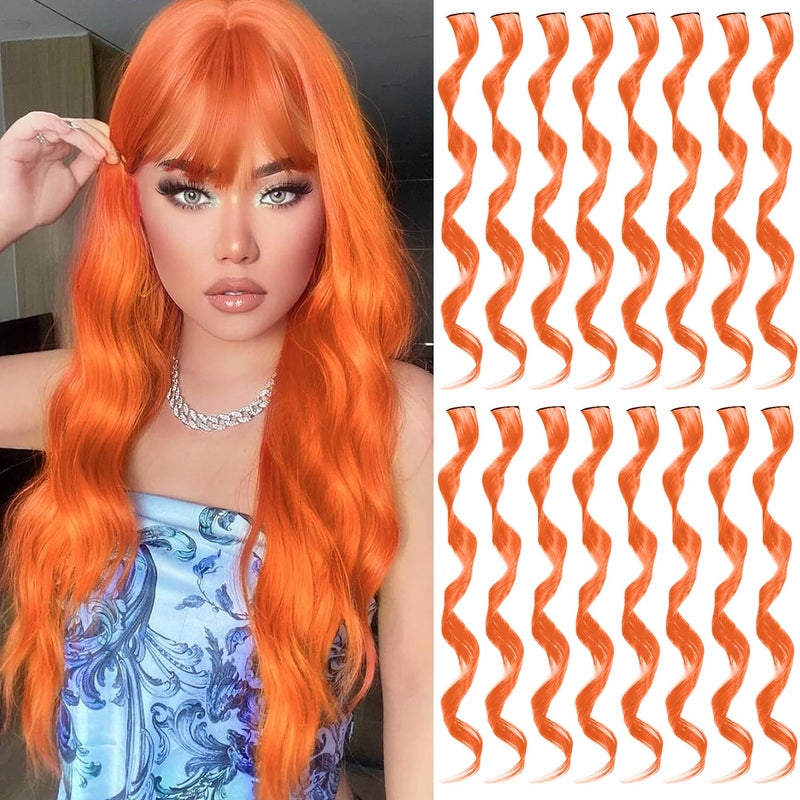 TOFAFA 16 Pcs Colored Hair Extensions Curly Wavy Clip in Synthetic Hairpiece Streak for Girls Women Kid Multicolors Party Highlights Cosplay Festival GiftOrange