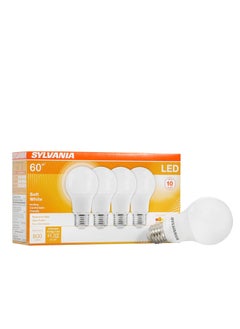 مصباح LED A19 من SYLVANIA، مكافئ 60 واط، قاعدة متوسطة فعّالة 8.5 واط، 2700 كلفن، أبيض ناعم، عبوة من 4 قطع