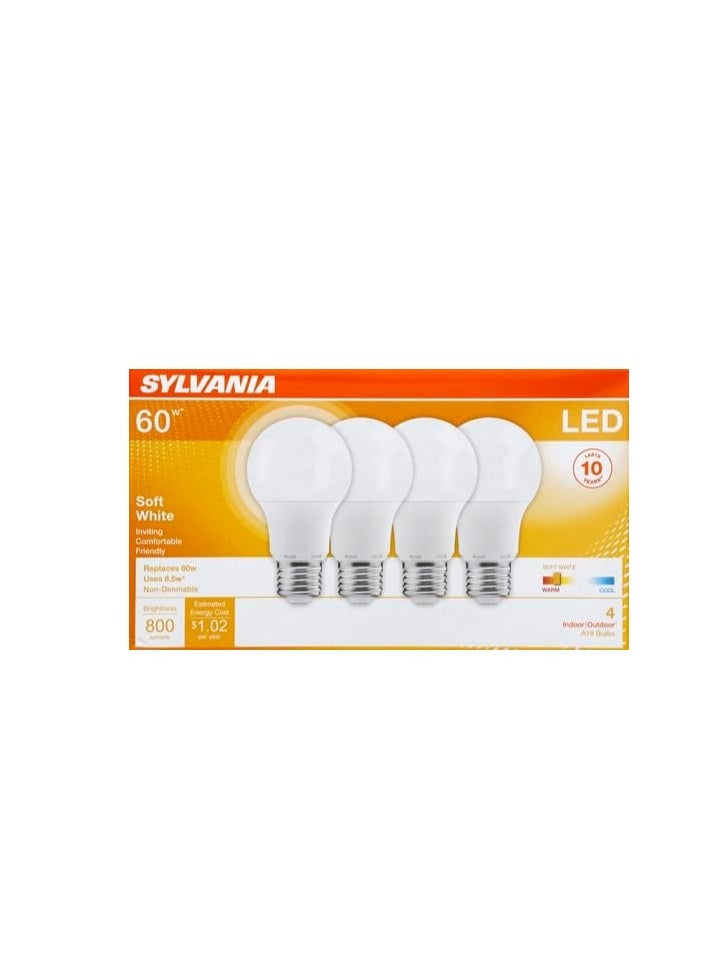 Sylvania مصباح LED A19 من SYLVANIA، مكافئ 60 واط، قاعدة متوسطة فعّالة 8.5 واط، 2700 كلفن، أبيض ناعم، عبوة من 4 قطع  - Image 2