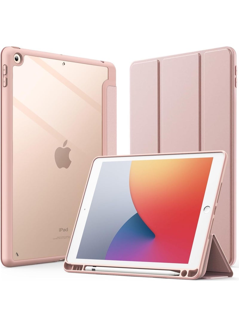 Case for iPad 10.2 inch (9th/8th/7th generation, 2021/2020/2019) with Pencil holder, slim transparent back cover with shockproof stand for the tablet, auto wake/sleep feature (pink) - Image 1