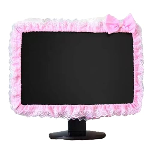 ALHBEJT Computer Monitor Cover with Lovely Cute Elastic Pen Pocket Bow-knot TV LCD Screen Monitor Decoration Dust Cover Protector, lace fabric (17''-22''，Pink) - Image 1