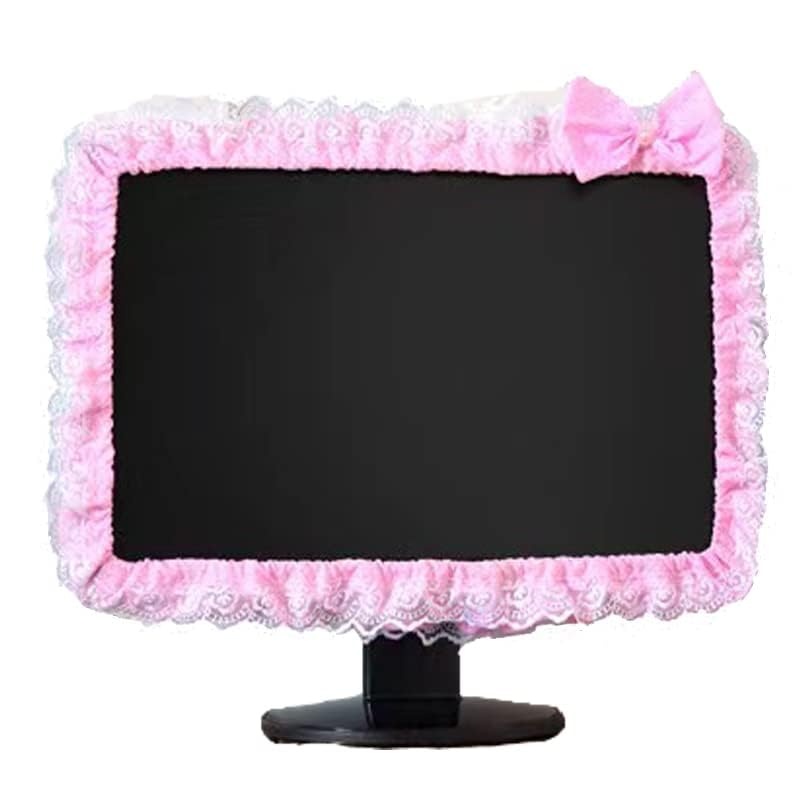 ALHBEJT Computer Monitor Cover with Lovely Cute Elastic Pen Pocket Bow-knot TV LCD Screen Monitor Decoration Dust Cover Protector, lace fabric (17''-22''，Pink) - Image 2