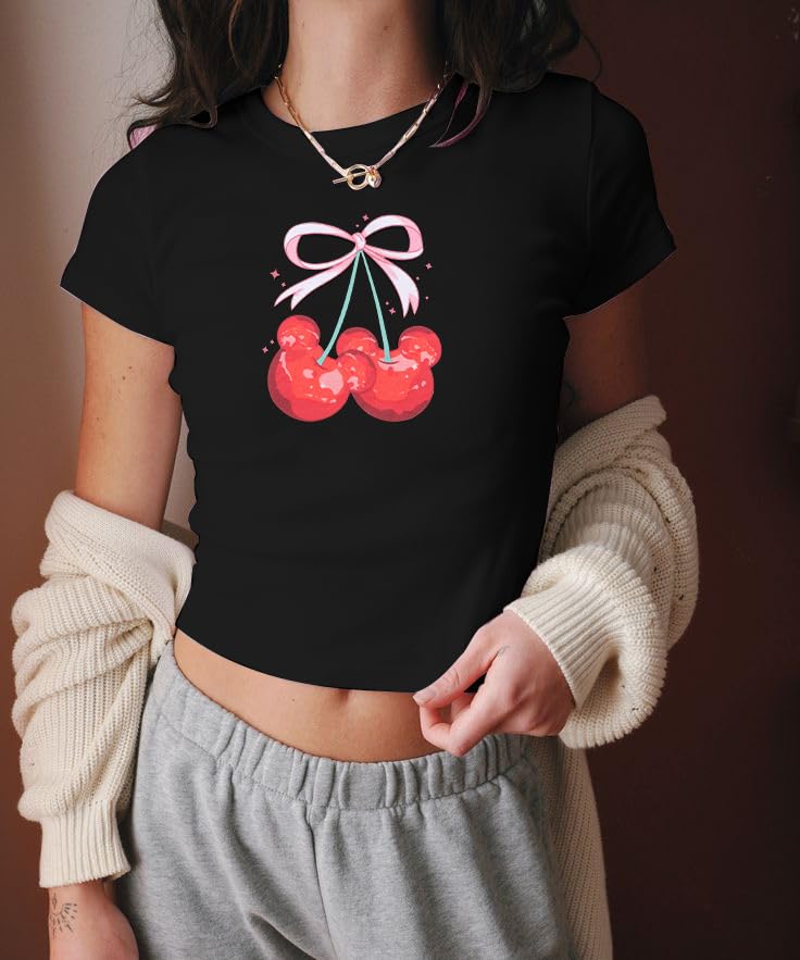 LUKYCILD Pink Bow Cherries Shirt Women: Coquette Tops Clean Girl Aesthetic Shirts Casual Summer Short Sleeve Tshirt - Image 3
