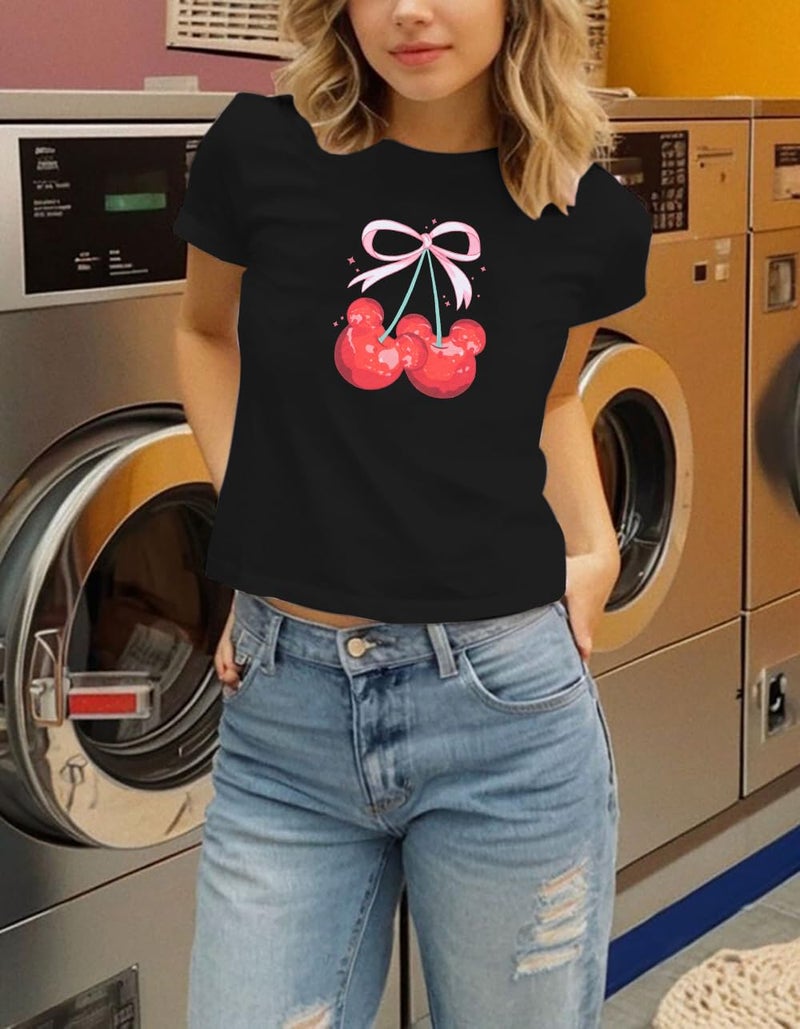LUKYCILD Pink Bow Cherries Shirt Women: Coquette Tops Clean Girl Aesthetic Shirts Casual Summer Short Sleeve Tshirt - Image 4