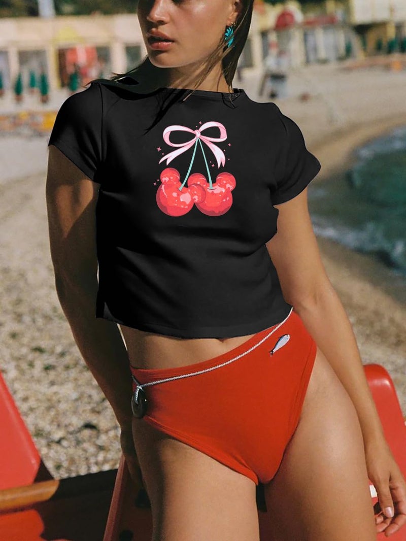 LUKYCILD Pink Bow Cherries Shirt Women: Coquette Tops Clean Girl Aesthetic Shirts Casual Summer Short Sleeve Tshirt - Image 2