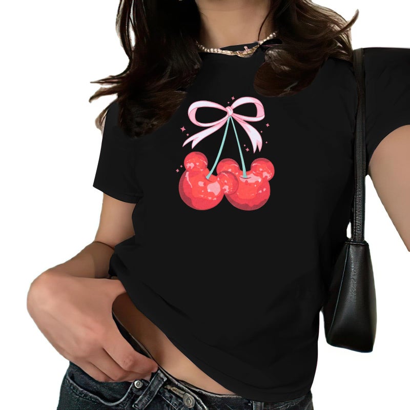 LUKYCILD Pink Bow Cherries Shirt Women: Coquette Tops Clean Girl Aesthetic Shirts Casual Summer Short Sleeve Tshirt - Image 1