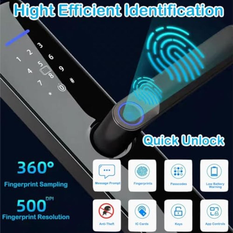 Smart Fingerprint Door Lock, Touchscreen Keypad Deadbolt Lock with Reversible Handle, App Control, Key, Code, for Home Bedroom Apartment Hotel Office - Image 2