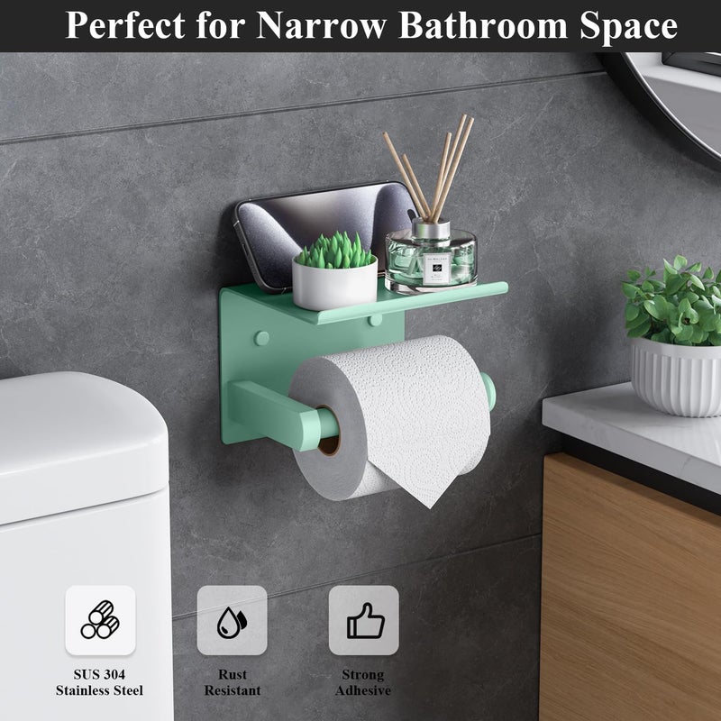 Tindbea Toilet Paper Holder with Phone Shelf  Adhesive or Screw Wall Mount Toilet Tissue Roll Holder  Rustproof & Multifunctional Stainless Steel Bathroom Storage Dispenser (Mint Green)