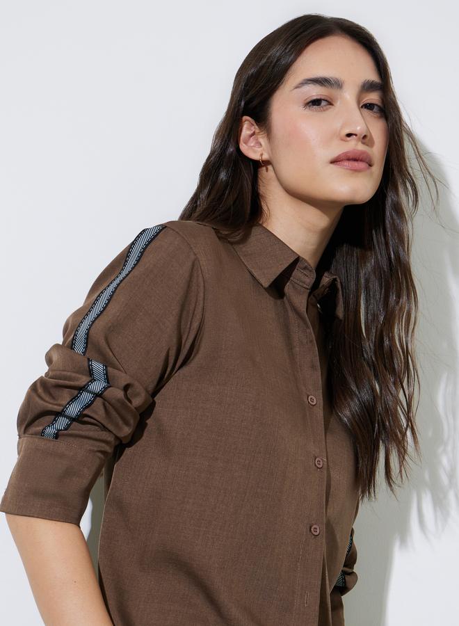 Styli Brown Relaxed Fit Shirt with High Low Hem - Image 2