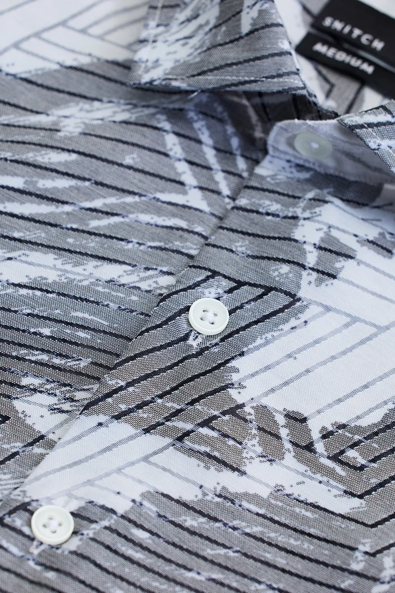 SNITCH Grey Abstract Long Sleeve Slim Fit Casual Shirt