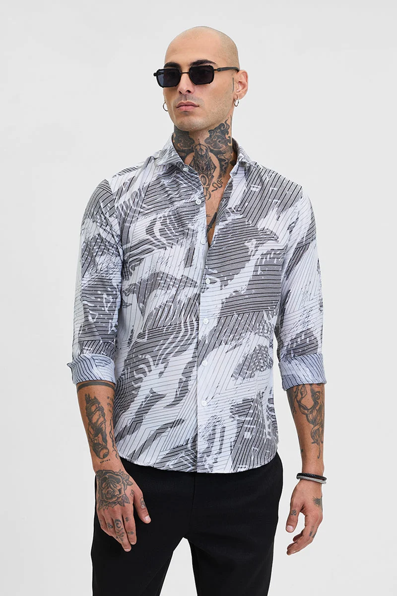 Grey Abstract Long Sleeve Slim Fit Casual Shirt