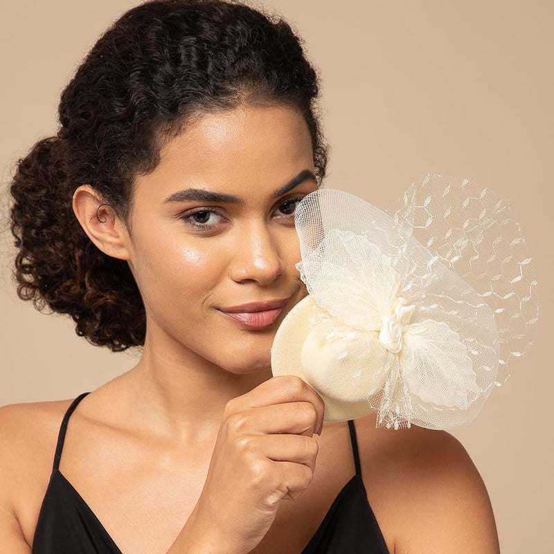Radhu & Kabby Radhu Kabby Fascinator Hat with Hexagonal Mesh Veil Bow and Roses Two Alligator Clips for Grip Hair Accessory for Weddings Outings and Special Events - Image 3