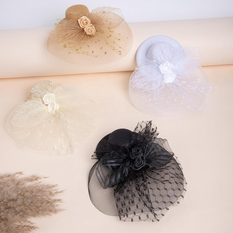 Radhu & Kabby Radhu Kabby Fascinator Hat with Hexagonal Mesh Veil Bow and Roses Two Alligator Clips for Grip Hair Accessory for Weddings Outings and Special Events - Image 2