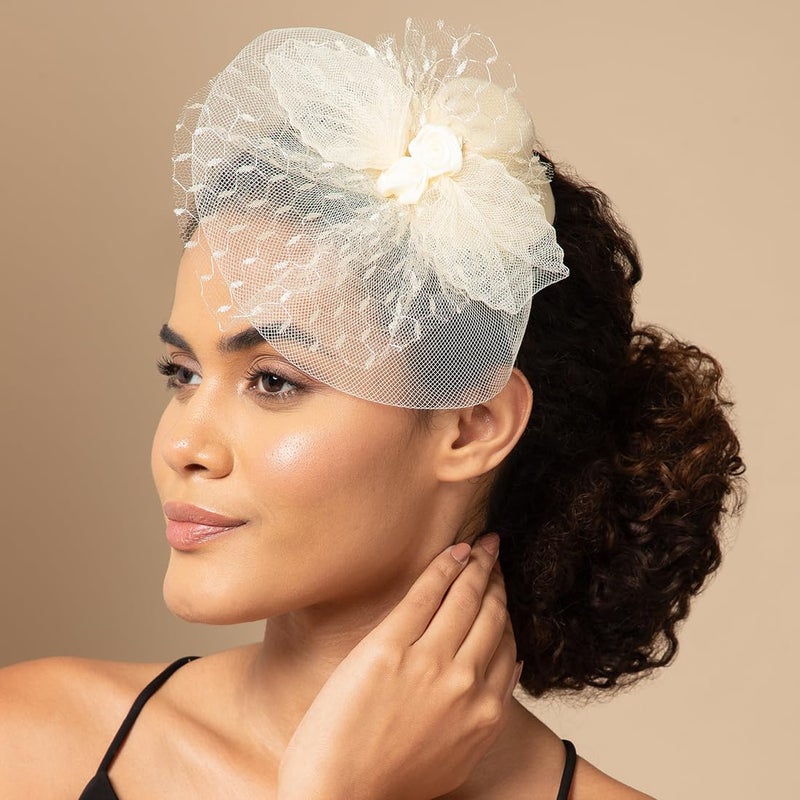 Radhu & Kabby Radhu Kabby Fascinator Hat with Hexagonal Mesh Veil Bow and Roses Two Alligator Clips for Grip Hair Accessory for Weddings Outings and Special Events - Image 4