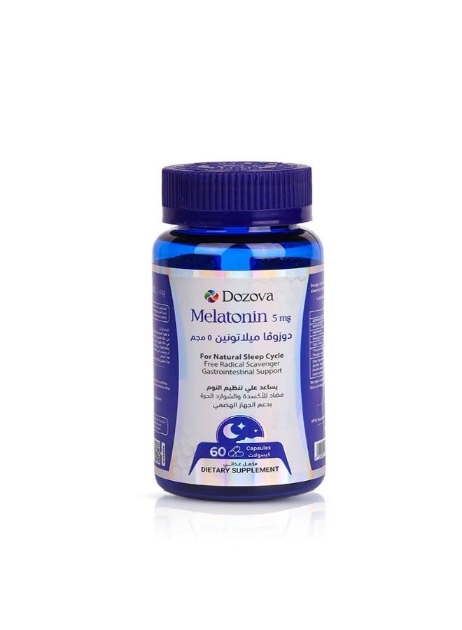 Dozova Melatonin 100% Natural , Helps You Sleep Faster, Stay Sleepy Longer, Antioxidant and Free Radicals, Supports Digestive System, 5mg, 60 Capsules. - Image 1