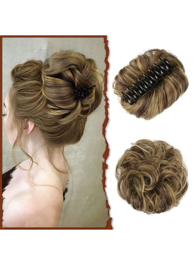 SOFEIYAN Claw Clip Messy Bun Hair Piece Wavy Curly Hair Bun Clip in Claw Chignon Ponytail Hairpieces Synthetic Tousled Updo Hair Extensions Scrunchie Hairpiece for Women, Blonde & Medium Brown - Image 1