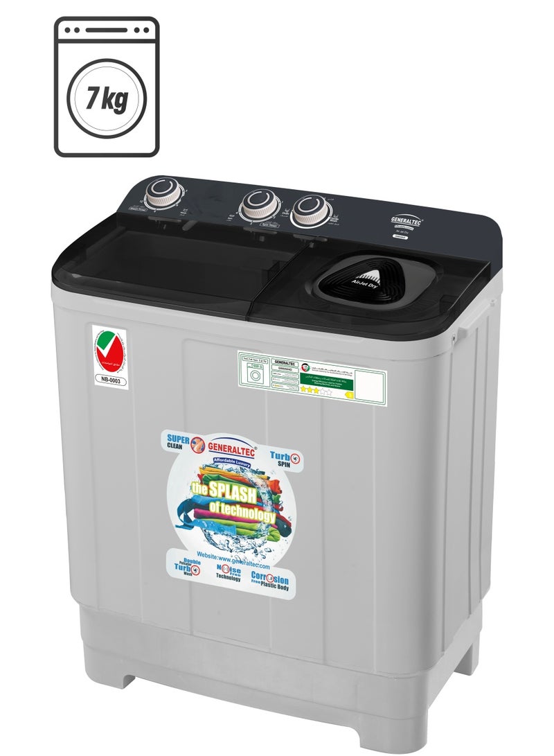 Generaltec 7/5 kg Twin-tub Semi-Automatic Washing Machine, Grey/Black, efficient Top-Load Washer with Lint Filter, Spin-Dry, GW850HD, 1 Year Warranty 85 W GW850HDD Grey