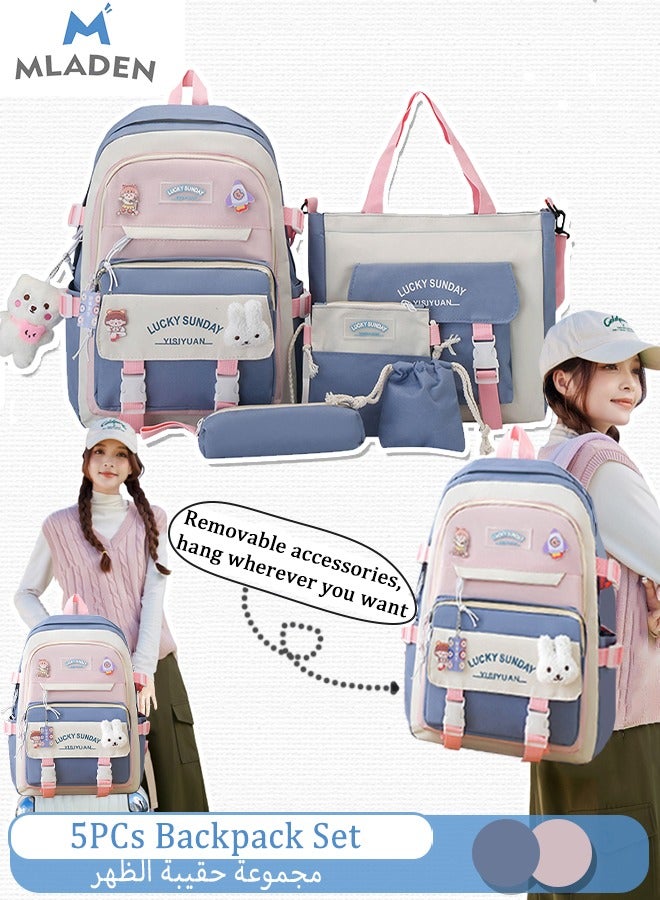 MLADEN 5-Piece Set of Backpack Fashion New Oxford Cloth Pack Junior Cute Pendants  and Pins Accessories Aesthetic Rucksack for Teen School Bags Bookbag with Shoulder Bag Pencil Box Tote Bag Small Bag(Blue) - Image 1