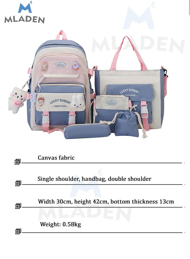 MLADEN 5-Piece Set of Backpack Fashion New Oxford Cloth Pack Junior Cute Pendants  and Pins Accessories Aesthetic Rucksack for Teen School Bags Bookbag with Shoulder Bag Pencil Box Tote Bag Small Bag(Blue) - Image 2