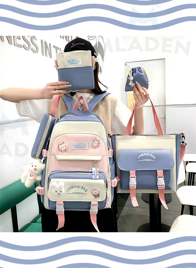 MLADEN 5-Piece Set of Backpack Fashion New Oxford Cloth Pack Junior Cute Pendants  and Pins Accessories Aesthetic Rucksack for Teen School Bags Bookbag with Shoulder Bag Pencil Box Tote Bag Small Bag(Blue) - Image 3