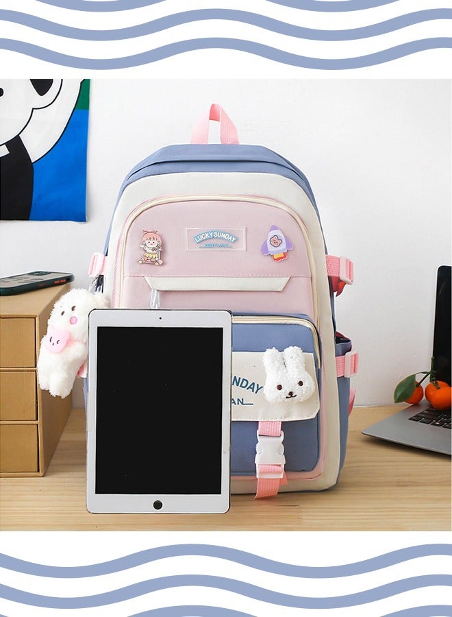 MLADEN 5-Piece Set of Backpack Fashion New Oxford Cloth Pack Junior Cute Pendants  and Pins Accessories Aesthetic Rucksack for Teen School Bags Bookbag with Shoulder Bag Pencil Box Tote Bag Small Bag(Blue) - Image 5