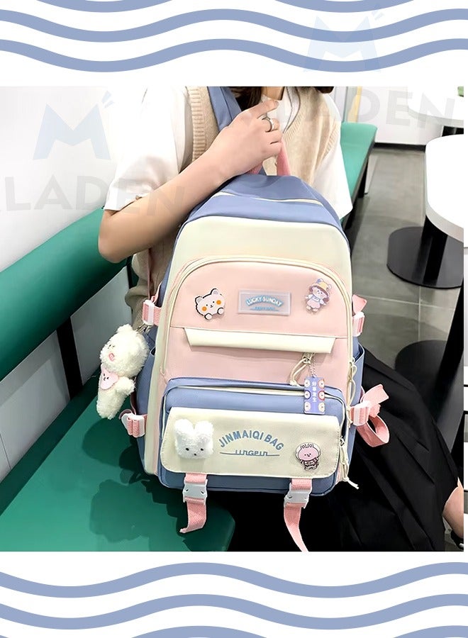 MLADEN 5-Piece Set of Backpack Fashion New Oxford Cloth Pack Junior Cute Pendants  and Pins Accessories Aesthetic Rucksack for Teen School Bags Bookbag with Shoulder Bag Pencil Box Tote Bag Small Bag(Blue) - Image 4