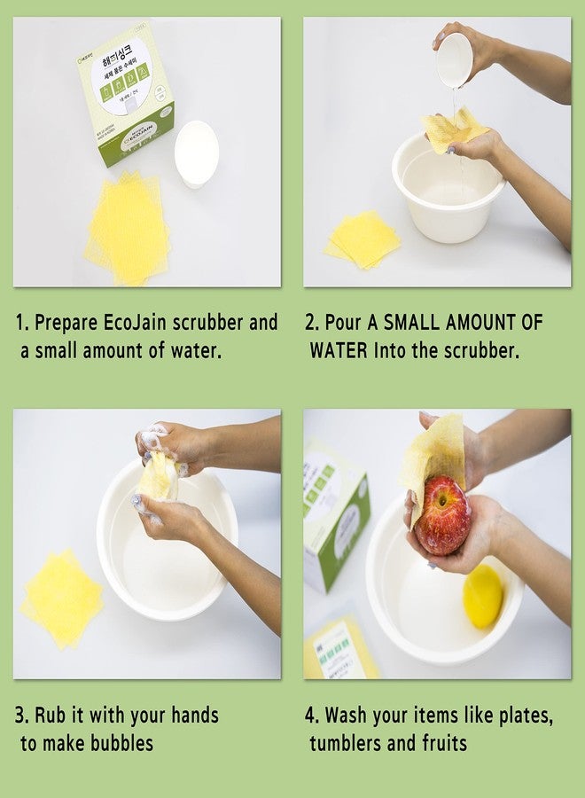 ecojain Disposable Scrub Sponge Contains Dried Detergent / Portable Pouch/ Small Size(12cmX10cm ±2cm),80Sheets / Cleaning Dishes Anytime,Anywhere / Portable Pre-soaped Wipe / No Need Detergent Yellow - Image 3