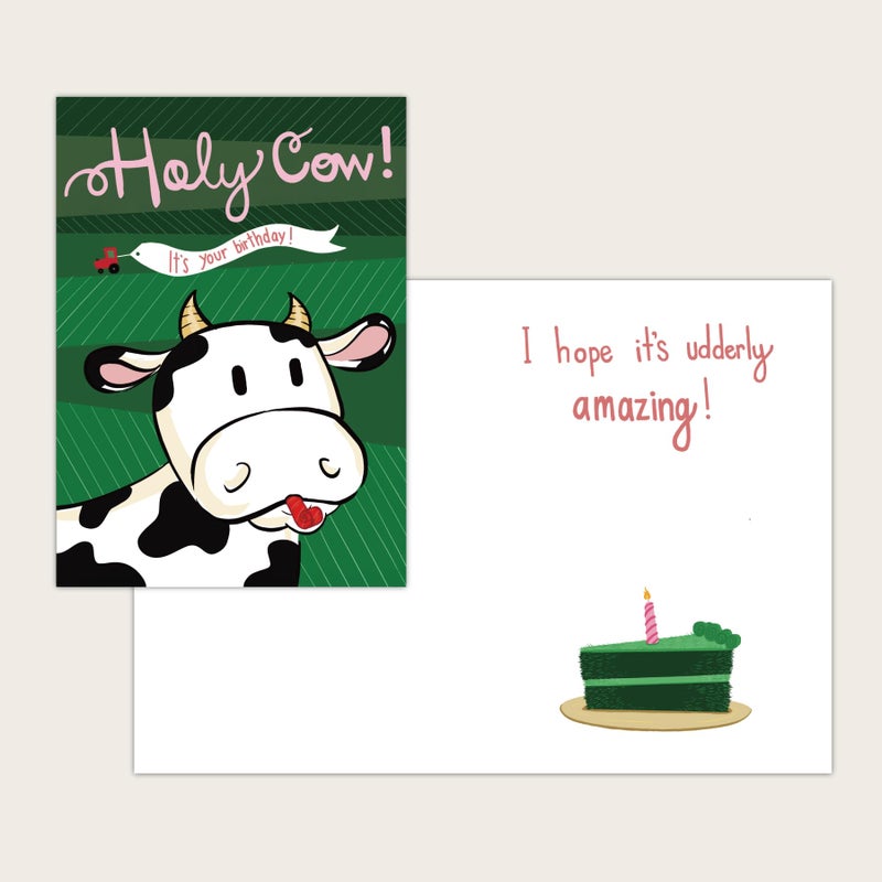 Gooji Holy Cow Funny Birthday Card with Cute Cartoon Cow, Farm-Themed Humor, Blank Inside Message Space, 5x7 Greeting Card with Envelope, Adorable Pun Card for Kids, Friends, Family, Men, Women - Image 2