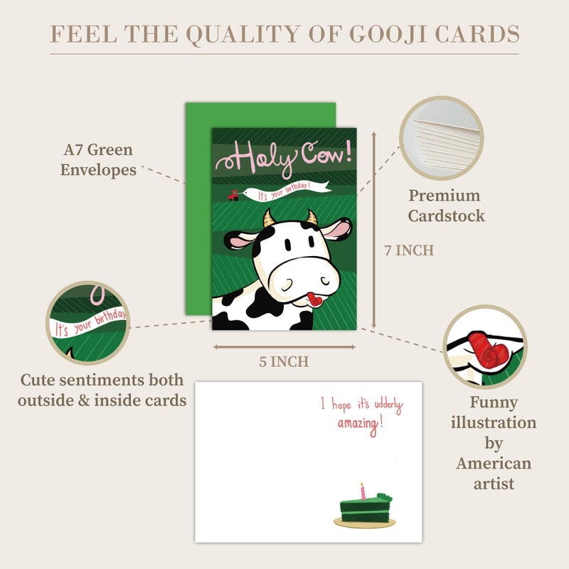 Gooji Holy Cow Funny Birthday Card with Cute Cartoon Cow, Farm-Themed Humor, Blank Inside Message Space, 5x7 Greeting Card with Envelope, Adorable Pun Card for Kids, Friends, Family, Men, Women - Image 1