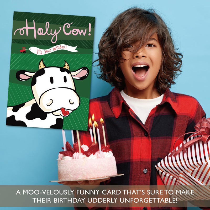 Gooji Holy Cow Funny Birthday Card with Cute Cartoon Cow, Farm-Themed Humor, Blank Inside Message Space, 5x7 Greeting Card with Envelope, Adorable Pun Card for Kids, Friends, Family, Men, Women - Image 3