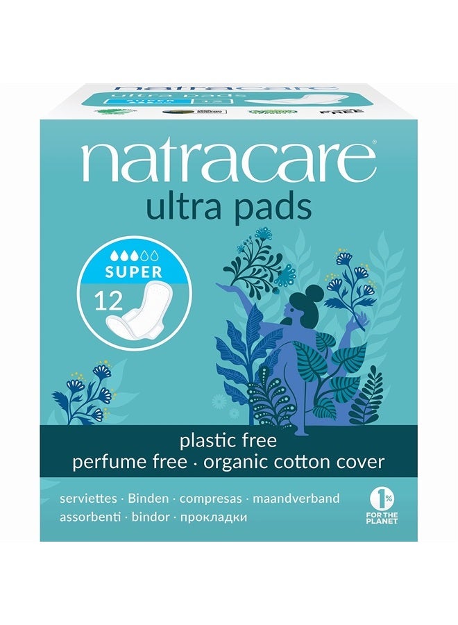 Natracare Slim Fitting Ultra Pads with Wings, Super, Made with Certified Organic Cotton, Ecologically Certified Cellulose Pulp and Plant Starch (12 Pack, 144 Pads Total)
