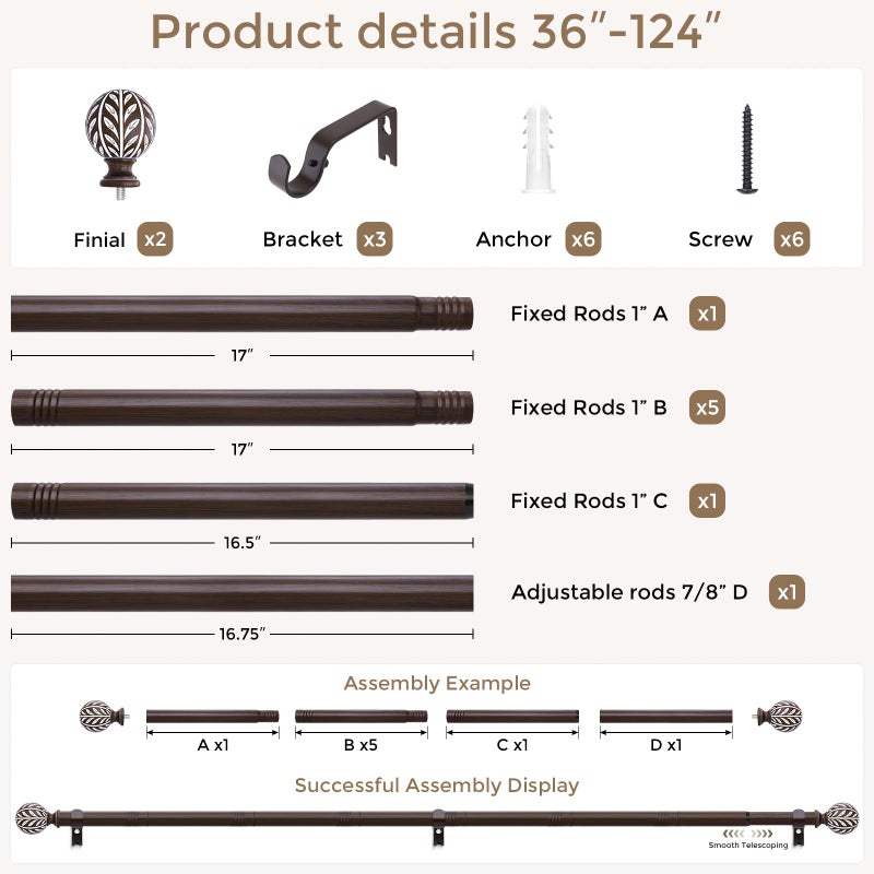 Wolistsa Boho Wood Curtain Rod, Walnut Long Decorative Curtain Rods for Windows 66 to 120 Inch with Handmade Wood Grain Leaf Finials, 1 Inch Adjustable Heavy Duty Window Treatment Rods, Easy Install - Image 3
