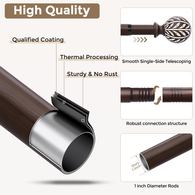 Wolistsa Boho Wood Curtain Rod, Walnut Long Decorative Curtain Rods for Windows 66 to 120 Inch with Handmade Wood Grain Leaf Finials, 1 Inch Adjustable Heavy Duty Window Treatment Rods, Easy Install - Image 5