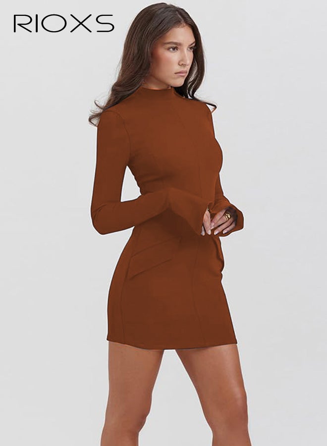 ريوكس فستان قصير ضيق بأكمام طويلة وياقة عالية للنساء، فستان قصير ضيق بخصر عالٍ للسيدات، فستان قصير أنيق بلون موحد لحفلات الزفاف والنادي، مناسب للعمل والعطلات والشاطئ والارتداء اليومي وحفلات الزفاف وغيرها، بني - Image 5