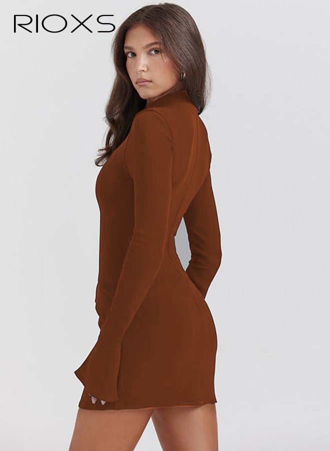 ريوكس فستان قصير ضيق بأكمام طويلة وياقة عالية للنساء، فستان قصير ضيق بخصر عالٍ للسيدات، فستان قصير أنيق بلون موحد لحفلات الزفاف والنادي، مناسب للعمل والعطلات والشاطئ والارتداء اليومي وحفلات الزفاف وغيرها، بني - Image 4