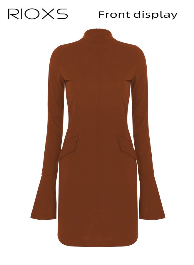 ريوكس فستان قصير ضيق بأكمام طويلة وياقة عالية للنساء، فستان قصير ضيق بخصر عالٍ للسيدات، فستان قصير أنيق بلون موحد لحفلات الزفاف والنادي، مناسب للعمل والعطلات والشاطئ والارتداء اليومي وحفلات الزفاف وغيرها، بني - Image 2