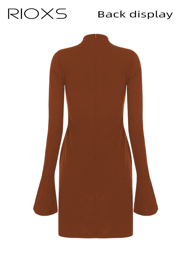 ريوكس فستان قصير ضيق بأكمام طويلة وياقة عالية للنساء، فستان قصير ضيق بخصر عالٍ للسيدات، فستان قصير أنيق بلون موحد لحفلات الزفاف والنادي، مناسب للعمل والعطلات والشاطئ والارتداء اليومي وحفلات الزفاف وغيرها، بني - Image 3