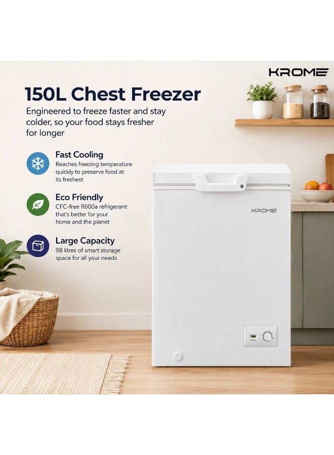 كروم Krome 150L Chest Freezer, 98L Net Capacity, 4 Star Freezer, 13.5 Hours Power-Off Storage, 40dB Low Noise, R600a Refrigerant, LED Light, Door Lock, White 98 L 100 W KR-CF150H white - Image 2