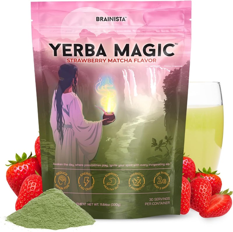 BRAINISTA Yerba Magic Strawberry Matcha - Instant Yerba Mate Tea Powder with Nootropics, Prebiotics & Probiotics for Clean Energy and Mental Clarity - Image 1