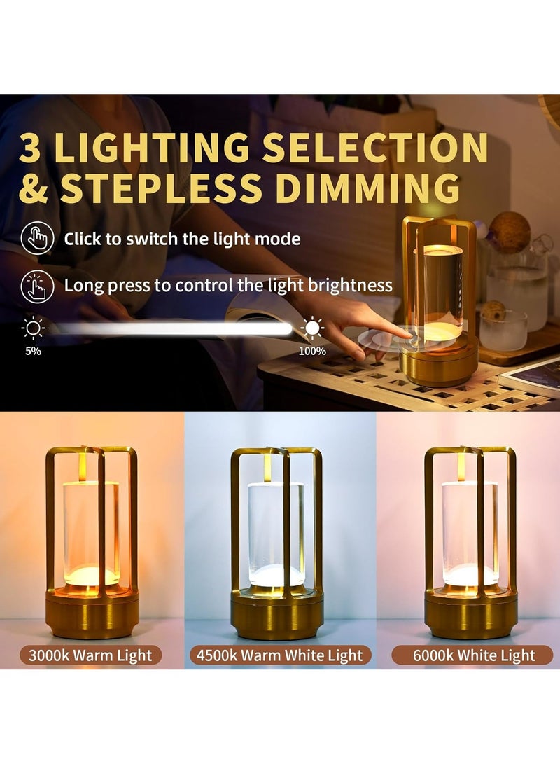 دامال مصباح طاولة معدني محمول باللمس، مصباح طاولة داخلي/خارجي، مصباح LED قابل للشحن بدون سلك بثلاث إضاءات، مناسب للمطاعم/غرف النوم/المقاهي/التخييم (ذهبي) - Image 3