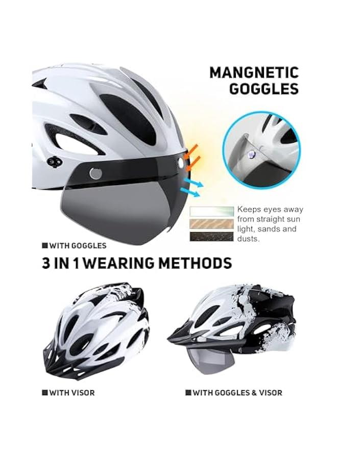 HOOKOR Bike Helmet for Men Women, Lightweight Cycle Helmet with LED Light Magnetic Goggle Sun Visor, Mountain&Road Bicycle Helmets for Adult Cycling Adjustable Size (Fits 57-62cm) - Image 2