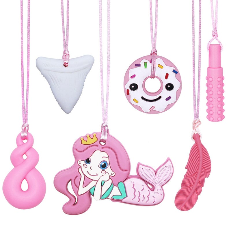 Chew Necklaces for Sensory Kids Adults 6 Pack Silicone Sensory Chew Toys for Autistic Children with ADHDSPDAutismAnxiety Pink Chewy Necklace Stim Toy for Teething Chewing Biting Fidgeting