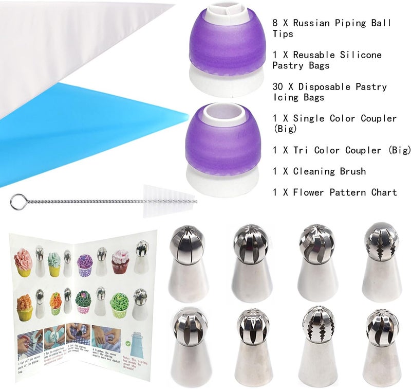 GEMLON Russian Ball Piping Tips Set, 43 PCS Stainless Steel Piping Bags and Tips Set Large Flower Piping Tips for Cake Decorating, Cupcake Icing Tips Frosting Piping Kit Baking Cake Decorating Supplies - Image 2
