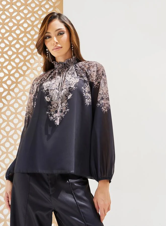 Styli Placement Print Balloon Sleeve Blouse