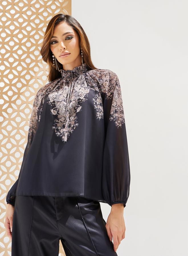 ستايلي بلوزة بأكمام بالون وطبعة موضعية - Image 3