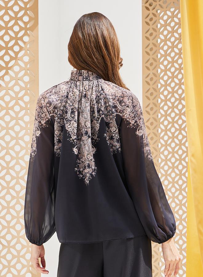 ستايلي بلوزة بأكمام بالون وطبعة موضعية - Image 5