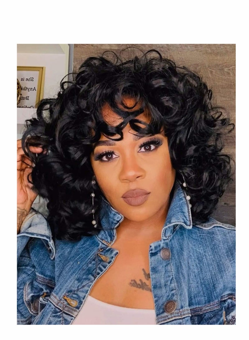 Excefore Short Curly Afro Wigs for Black Women 14'' Kinky Curly Wavy Black Wig with Bangs, Cute Fashion Natural Looking Synthetic Hair Replacement Wigs Heat Resistant for Daily Party - Image 1