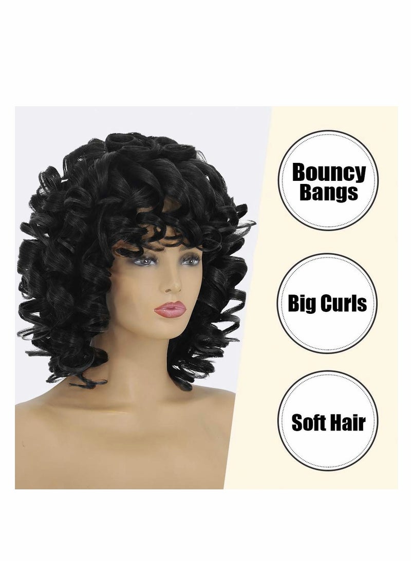 Excefore Short Curly Afro Wigs for Black Women 14'' Kinky Curly Wavy Black Wig with Bangs, Cute Fashion Natural Looking Synthetic Hair Replacement Wigs Heat Resistant for Daily Party - Image 3