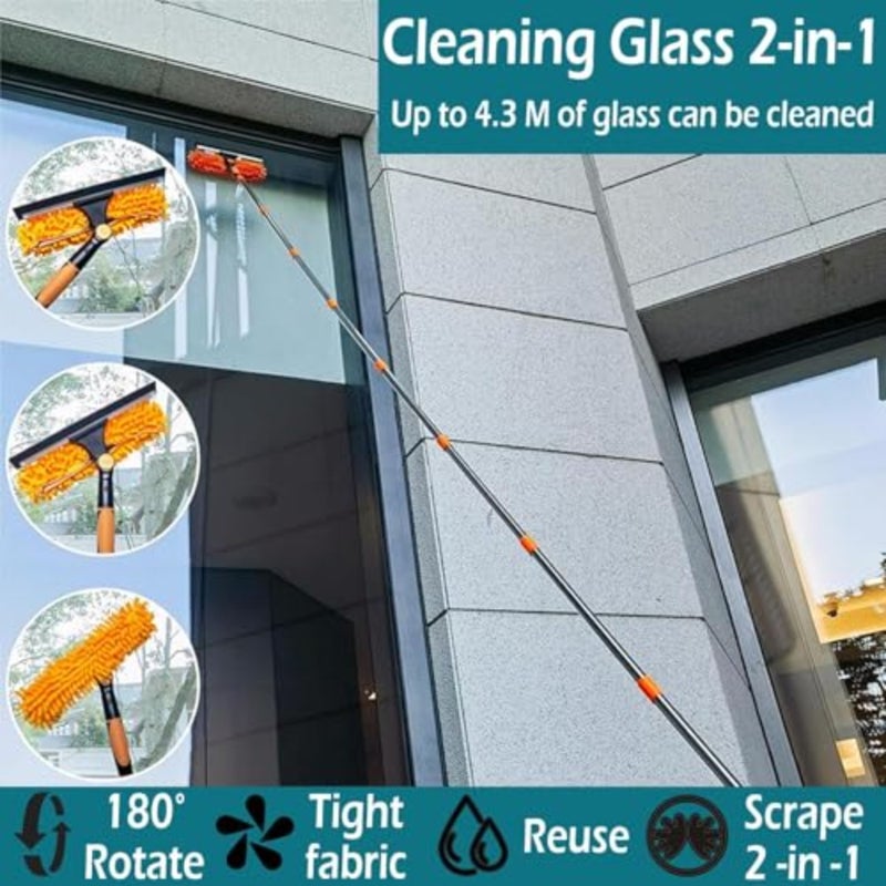 Window Cleaner, 4.3 M Telescopic Window Wiper Cleaning Kit, Window Cleaning Device with Silicone Wiper and Microfiber Scrubber, Shower Wiper for Glass, Cars, Floors, Walls - Image 2